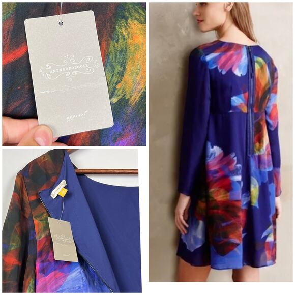 Anthropologie Leifsdottir Blue Silk Swing Dress Abstract Floral Back Zip M - Picture 3 of 10